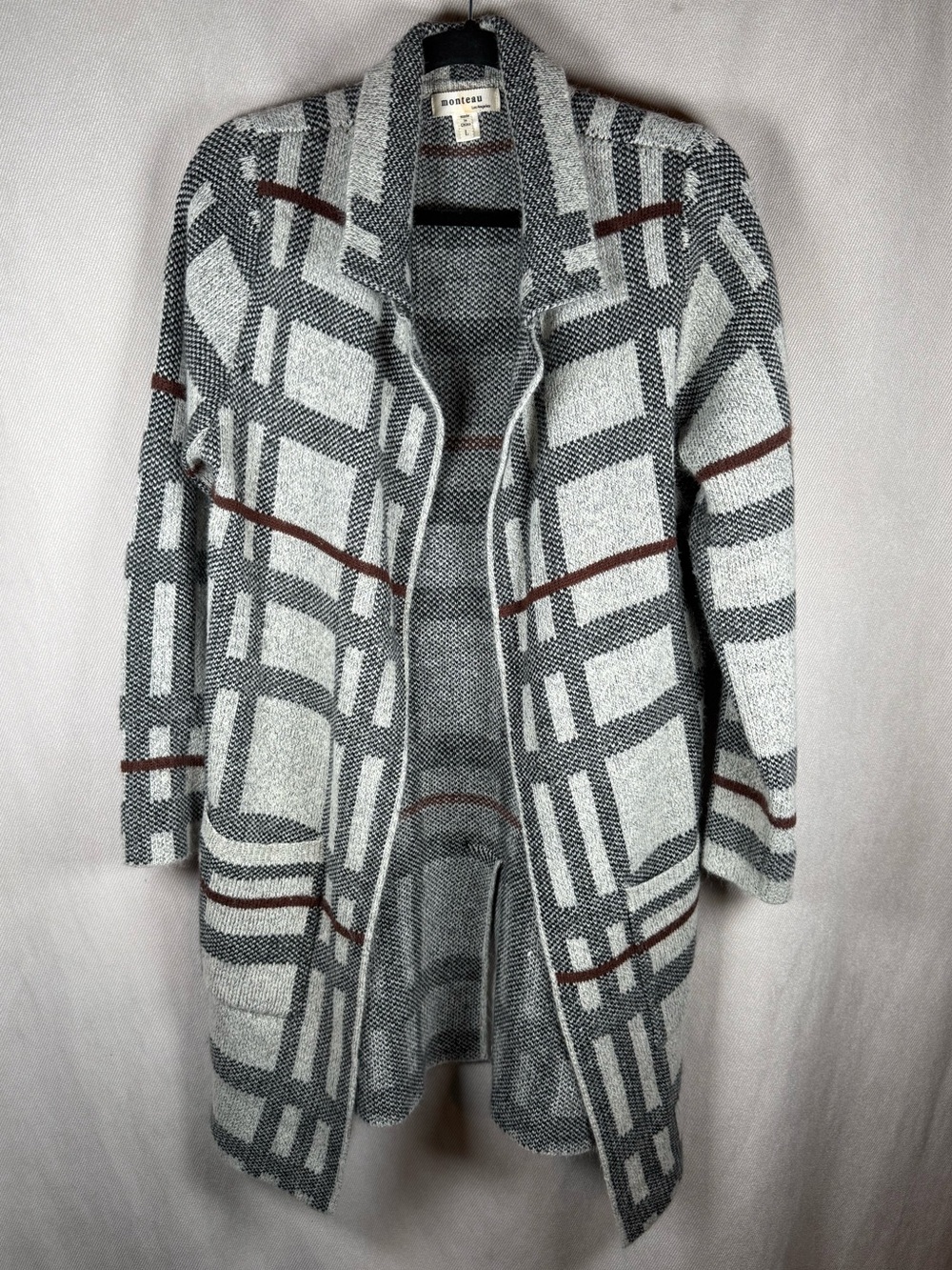 Monteau LA Longline Open Cardigan/Light Jacket with Pockets - Large in Plaid